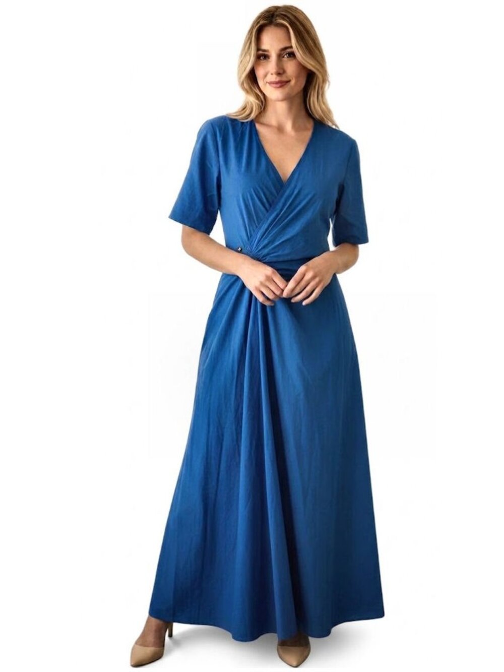 A.L.C. Edie Cobalt Blue Linen Short Sleeve Wrap Midi Dress Size 6 MSRP $545